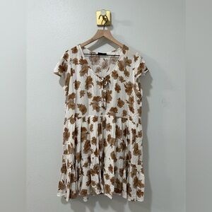 VICI‎ Brown White Floral Print Tiered Flutter Sleeve Dress L